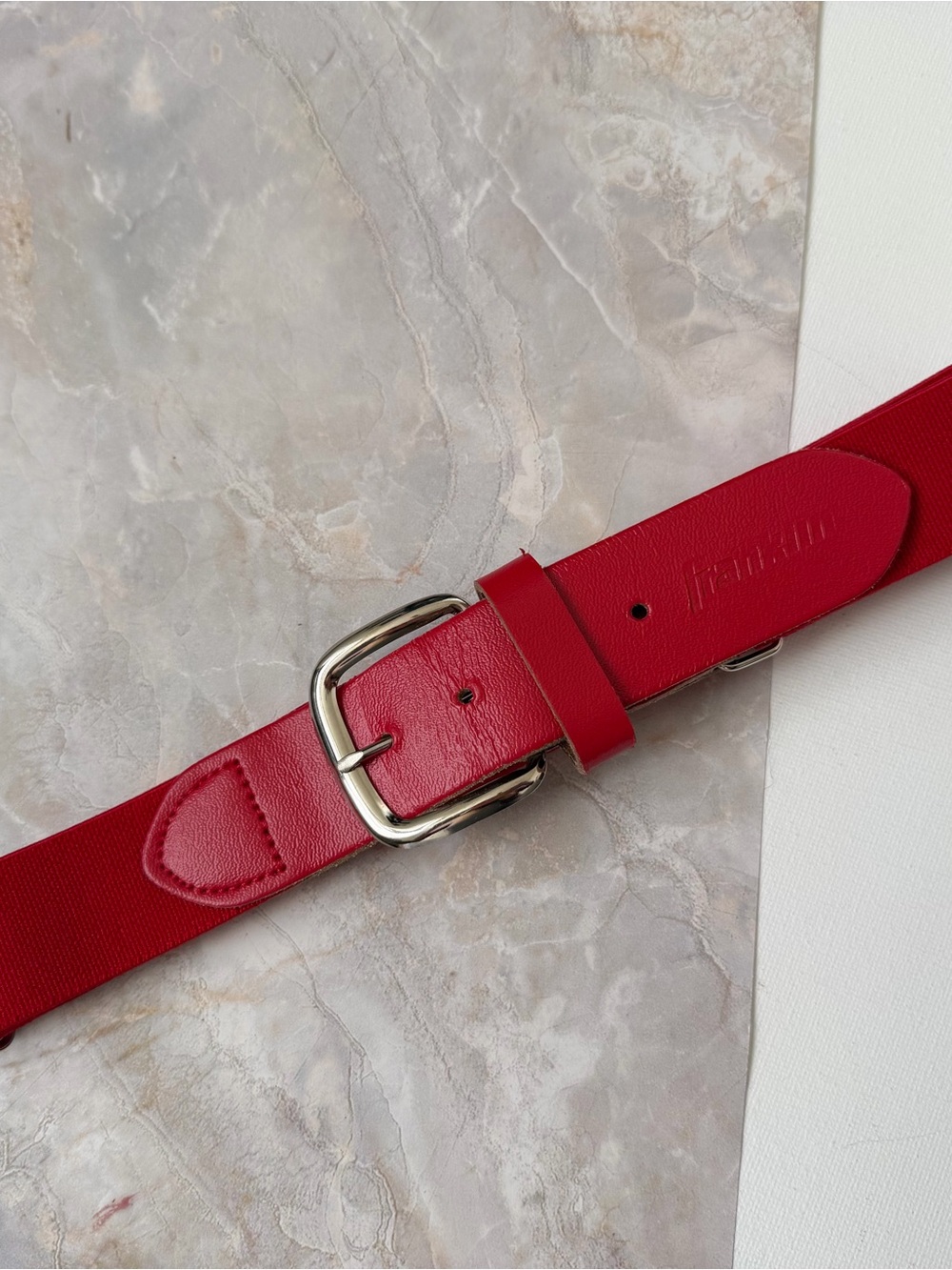 JL Red Elastic Stretch Woven Belt Leather Trim Silver Buckle Size JL